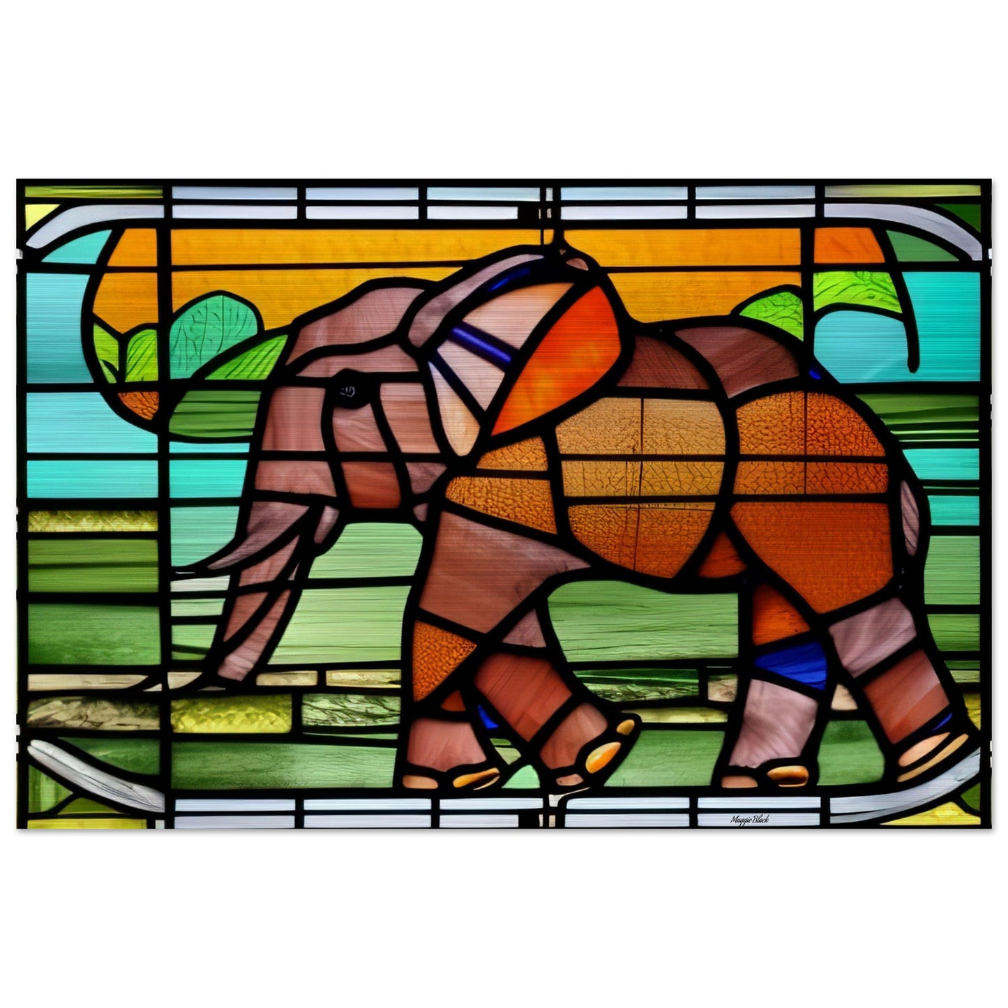 African Forest Elephant - Stained Glass Window style - Brushed Aluminum Print 20x30 cm 8x12″