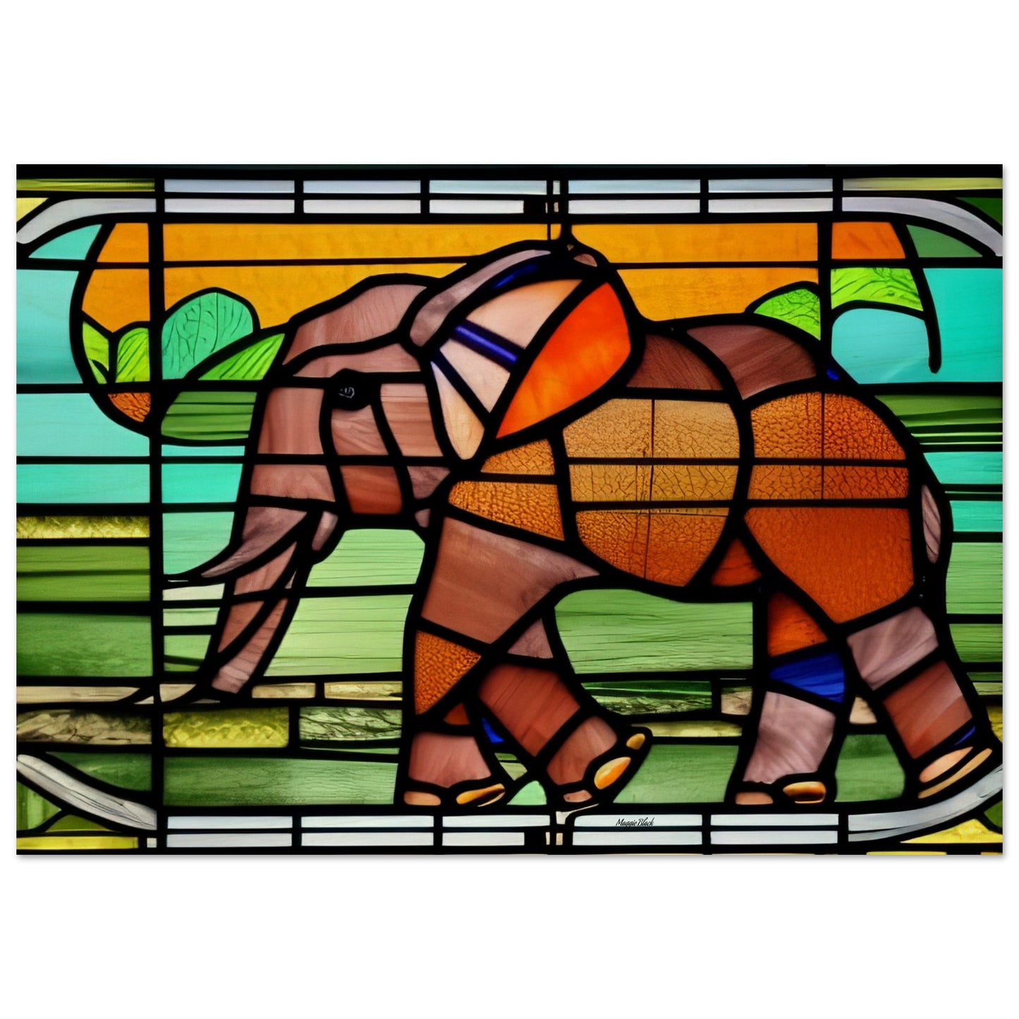 African Forest Elephant - Stained Glass Window style - Wood Print 70x100 cm 28x40″ 10 mm